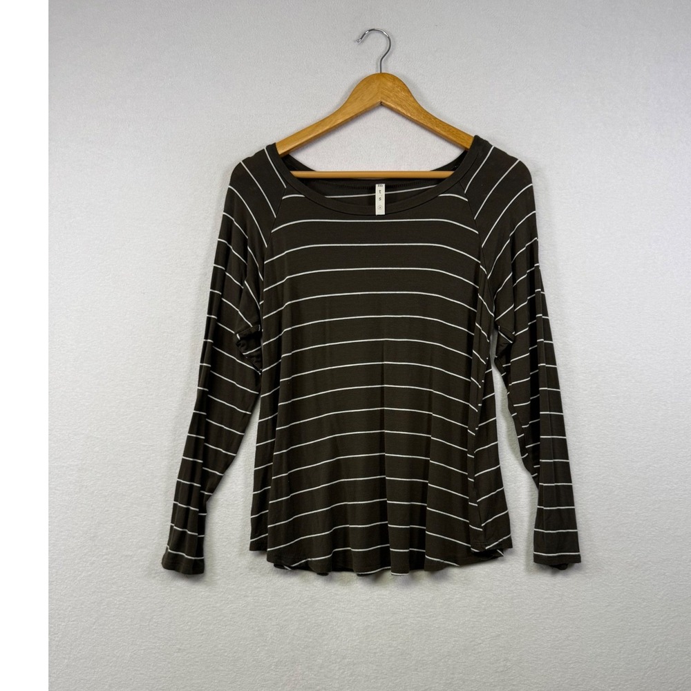 MTS Striped Long Sleeve Top‎ Women Small Olive Brown White Raglan Scoop Neck